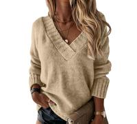 Haut Femme Chic Et Elegant Grande Taille Coton Pull Femme Chic Et Elegant Col V Oversize Laine sous Pull Top Automne Chaude Pas Cher Tunique Classics Basique Sweatshirts(Kaki,XXL)