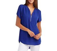 Haut Femme Chic et Elegant Grande Taille ete Top Femme Sexy décolleté col v en zippé Blouse Femme Longue Bureau Business Chemise Decontracte t-Shirts à Manches Courtes Femme Leger (Blue, XXXL)