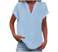 Haut Femme Chic Et Elegant Lin Coton Tshirt Femme Chic Et Élégant Grande Taille Blouse Couleur Uni Oversize Manche Courte Vetement Ete Tee Shirt Col V Classics Chemisier(Bleu Ciel,L)
