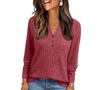 Haut Femme Chic Et Elegant Oversize Coton Pull Femme Hiver Chaud Col V Grande Taille Laine Sweat T Shirt Automne Chaude Pas Cher Tunique Slim Fit Classics sous Pull(Vin,L)