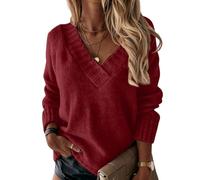 Haut Femme Chic Et Elegant Oversize Grande Taille Pull Femme Chic Et Elegant Col V Coton Laine sous Pull Tee Shirt Automne Polaire Pas Cher Tunique Classics Basique Sweatshirts(Vin,L)