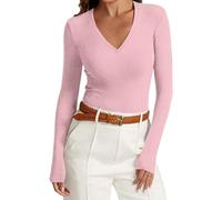 Haut Femme Chic Et Elegant Oversize Grande Taille Pull Femme Chic Et Elegant Col V Coton Laine Sweatshirts Tunique Chaude Polaire Pas Cher Top Basique Classics Sweat(Rose,M)