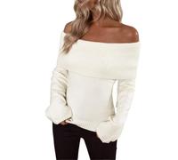 Haut Femme Chic Et Elegant Pull Femme Doux Women Cute Off The Shoulder Sweater Sexy Long Sleeve Knit Loose Fit Pullover Top Going Out Knitwear Jumper Vetement Hiver Pull White M