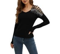 Haut Femme Chic Et Elegant- Tee Shirt Manche Longue Femme Col V Décontracté Slim Sexy Top Rétro Style Creuse Patchwork Tunique Doux Confortable Polyvalent Pullover pour Carnaval