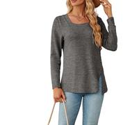Haut Femme Col Carré Manches Longues Décontracté Chemisier Fendu Boutonné Uni Doux Automne Hiver