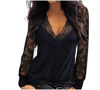 Haut Femme Dentelle, Top Décolleté Sexy Femme Patchwork,Tee Shirt Femme Manche Longue Chic et élégant Tuniques a La Mode Élasticité Casual Chemise Col V AjustéE Noire Stretch Printemps et été Blouse