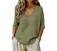 Haut Femme en Lin Manches Trois Quarts Col V Tissu Mousseline Coupe Ample Disponible en Grandes Tailles Style Élégant pour Tenues Décontractées Estivales Confortables(Green, XL)
