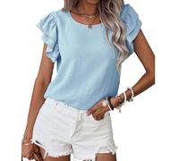 Haut Femme Ete, T-Shirts à Manches Courtes Femme Volants Col Rond Décontracté Couleur Unie Chic RT Élégants Simple Top Comfortable Respirante Léger Chemise De Tous Les Jours Vacances Plage Tunique