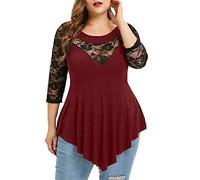 Haut Femme Sexy Decollete Transparent Dentelle Blouse Femme Chic et Élégant Soirée Grande Taille Tunique Été Casual Irrégulier Tee Shirt Manches 3/4 Col Rond Ample T Shirt Pas Cher (3XL, Rouge)