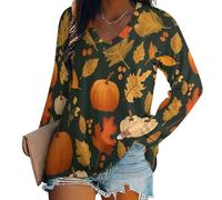 Haut Feuilles De Citrouille d'automne pour Femme Style Rétro Hippie, Manches Longues, Surdimensionné Col V Plage Loisirs Tunique Vintage Élégante Florale, Coupe Ample Légère