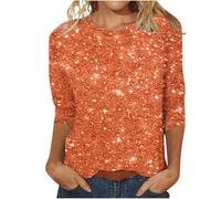 Haut imprimé à paillettes pour femme - Sweat-shirt habillé décontracté à paillettes - Sweat-shirt à col rond à manches 3/4 - Chemises de soirée graphiques scintillantes, Orange, M