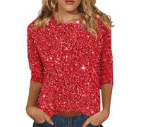 Haut imprimé à paillettes pour femme - Sweat-shirt habillé décontracté à paillettes - Sweat-shirt à col rond à manches 3/4 - Chemises de soirée graphiques scintillantes, Rouge, L