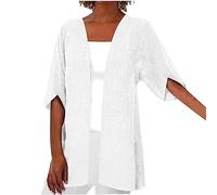 Haut kimono ample ouvert sur le devant pour femme, cardigan kimono léger, couleur unie, robe de plage d'été en coton doux, manches mi-longues, chemisier bohème élégant 36-50, Blanc 01, 36