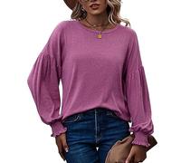 Haut lanterne à manches longues pour femme, couleur pure, poignets froncés, col rond, chemisier à manches longues pour l'extérieur, magenta, M