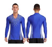 Haut latin Mens Ballet Practice Dance Shirt V Neck Side Mesh Latin Bodysuit Ice Skating Dancewear for Tango Salsa Stage pour hommes(Dark Blue,M)