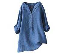 Haut Lin Coton Femme Boutonnée Chemisier Femme Longue Tunique Manche Longue Femme Chemise Decontracter Uni Top Femme Chic Grande Taille Tee Shirt Col V Oversize Automne Vacances