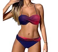 Haut Maillot De Bain Femme Bikini 2 Pieces Deux pièces imprimé Ensemble Wrap Impression Bikini Maillot de Bain pièce Taille froncé rétro remorquage dégradé 2 Pieces Femme (Purple, L)