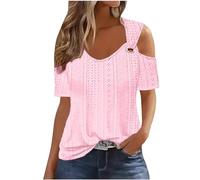 Haut Manches Courtes Femme T-Shirt Mode Épaules Dénudées Col V Couleur Unie Hauts Polyvalente pour Vacances À La Plage Tee Shirt Lâche Respirant Blouse à La Plage Mode Tops Tunique Casual Loose