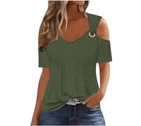 Haut Manches Courtes Femme T-Shirt Mode Épaules Dénudées Col V Couleur Unie Hauts Polyvalente pour Vacances À La Plage Tee Shirt Lâche Respirant Blouse à La Plage Mode Tops Tunique Casual Loose