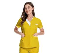 Haut médical à col en V pour femmes - Salopette de soins de santé pour infirmières, uniformes de masseuse, haut chirurgical sur le thème de Noël, soignants et personnel de clinique d'Halloween (jaune
