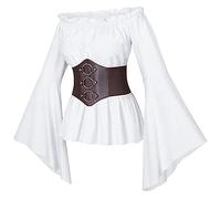 Haut médiéval pour femme - Avec corset - Ceinture - Costume d'Halloween - Épaules dénudées - Vintage Boho - Tunique - Manches trompettes - Épaules dénudées - Gothique victorien, A1 blanc., S