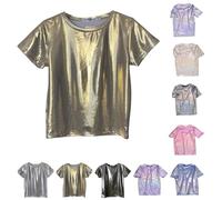 Haut métallique à paillettes scintillantes à manches courtes pour femme - T-shirt brillant à paillettes - T-shirt disco et chemisier rétro pour carnaval, fête, mariage, t-shirt holographique, Or 2