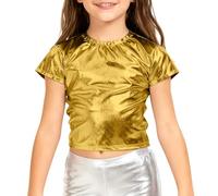 Haut Metallisé Enfant Fille Métallique Crop Top Danse Tenue Hip-hop Latine Jazz Spectacle Carnaval Fête Brillant Disco T-Shirt Manches Courtes Tenue Danse Modern Jazz Dancewear 2-19 Ans