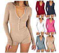 Haut moulant à manches longues pour femme - Body en coton à col en V Y2K Body boutonné Barboteuse Short Yoga Gym Combinaison de couleur unie Pyjama une pièce confortable et extensible, kaki, XXL