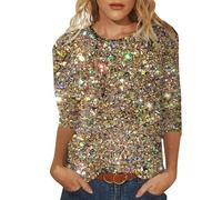 Haut Paillettes Femme 3/4 Manche- Tee Shirt Grande Taille,Tunique Femme Chic et Élegant Brillant Décontracté Tops Classique de Basic à Sequins Rétro Blouses à Col Rond Magnifique Vintage Chemiser