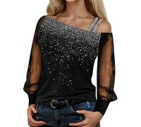 Haut Paillettes Femme Épaule Nue, Tee Shirt Manche Longue-Top Femme Splice Print Loose Mesh T-Shirt Décontracté Transparent Tunique de Mode Chemise Chic et Elegant Dentelle Soirée Club Blouse
