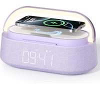 Haut-Parleur Bluetooth Avec Chargeur Sans Fil, Radio Fm, Veilleuse Led Réglable, Double Haut-Parleurs Sans Fil, Charge Sans Fil 15 W, Bluetooth 5.0 (Violet)