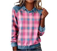 Haut Patchwork Denim Femme Pull Ample Mode T Shirt Femmes Manches Longues Col Rond Tops Tendance Casual Chic Shirts Décontractés Streetwear Sweatshirt Automne Hiver Printemps