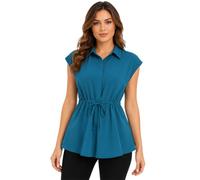 Haut péplum à manches courtes et boutons pour femme avec cordon de serrage à la taille décontractée pour l'été, le travail, le bureau, bleu clair, L