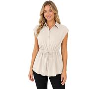 Haut péplum à manches courtes et boutons pour femme avec cordon de serrage à la taille décontractée pour l'été, le travail, le bureau, kaki, S