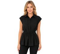 Haut péplum à manches courtes et boutons pour femme avec cordon de serrage à la taille décontractée pour l'été, le travail, le bureau, Noir , S