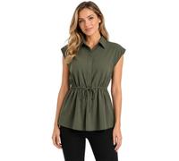 Haut péplum à manches courtes et boutons pour femme avec cordon de serrage à la taille décontractée pour l'été, le travail, le bureau, Vert, L