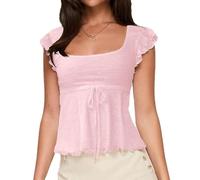 Haut péplum tendance à col carré pour femme Y2k à lacets avec bordure en laitue évasée et ourlet à volants, rose, S