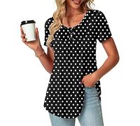 Haut plissé pour femme - Grande taille - Bouton - Col en V - Style décontracté - Manches courtes - Tunique ample - Noir, gris, orange, rose, blanc - Tailles S, M, L, XL, XXL, 3XL, 4XL, 5XL, Noir , XXL