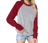 Haut pour femme Automne fin Mode Col rond Couleur Bloqué Couleur Pure Confortable Casual Manches Longues T-shirt Top à manches longues Femme, rouge, L