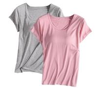 Haut pour femme avec soutien-gorge rembourré intégré - T-shirt à manches courtes et col rond - Chemisier d'été uni - Coupe régulière - Pull doux respirant - Pour le sport, le yoga, la maison -