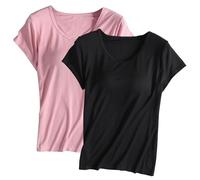 Haut pour femme avec soutien-gorge rembourré intégré - T-shirt à manches courtes et col rond - Chemisier d'été uni - Coupe régulière - Pull doux respirant - Pour le sport, le yoga, la maison -