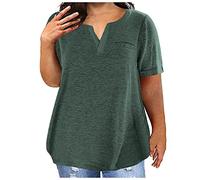 Haut pour femme col en V mode uni manches courtes poche ample t-shirt haut avec fermeture éclair femme, vert, 3XL
