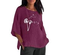 Haut pour femme en coton et lin à manches 3/4 avec motif de pissenlit, col rond, t-shirt basique vintage, haut d'été respirant, Violet (03), M