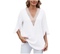 Haut pour femme en mousseline de soie avec bordure en dentelle et col en V - T-shirt uni à manches mi-longues - Chemisier d'été ample pour femme - Grande taille - Cool et lisse - Pull élégant - Pour