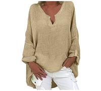 Haut pour femme - Grande taille - En coton et lin - Uni - Col rond - T-shirt oversied ample respirant classique - Pull classique - Pour le printemps - Élégant - Pour le sport, la salle de sport, la