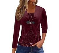 Haut Rouge Femme Chic Et Elegant à Paillettes Chemisier Femme Paillettes Strass Sexy Haut Faux Deux pièces Ample à Smocks et col en V à Sequins Chemisiers Et Blouses Brillantes Soiree Tenue de Fete