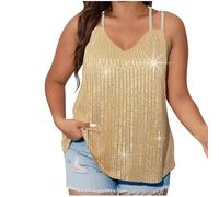 Haut sans manches grande taille pour femme, col en V, haut à paillettes, coupe ample, caraco d'été pailleté, taille UK, doré, 3XL