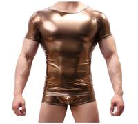 Haut sexy en cuir synthétique pour homme - Effet mouillé - Sans coutures - Surface raffinée - Latex - Coutures en dentelle - Cuir synthétique - Maillot de corps - Coupe ajustée - Clubwear, H café, M