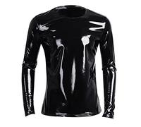 Haut sexy en latex brillant pour homme - Avec col montant - Style hippie - Disco - Clubwear - Effet mouillé - Aspect laqué - Coupe ajustée, A02 noir., 4XL