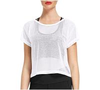 Haut Sport Femme Sexy Transparent Filet Tee Shirt Femme Sport Crop Top Resille Respirant t-Shirts à Manches Courtes Femme col Rond Tshirt Femme uni Simple Casual Pas Cher a la (White, XL)